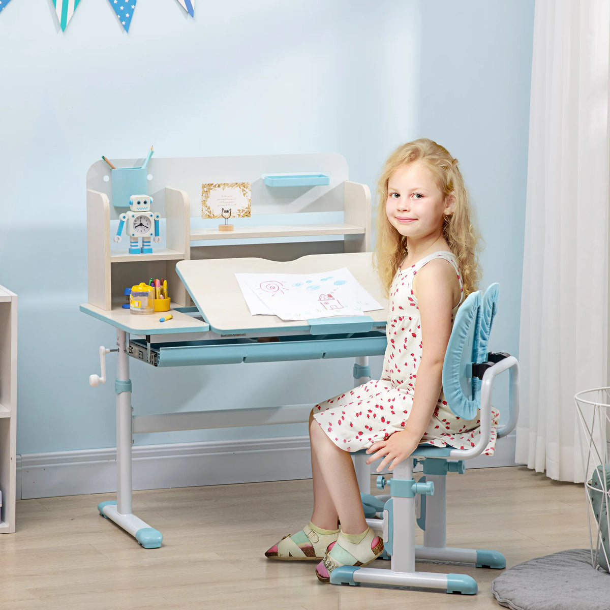 Kids Study Desk and Chair Set Height Adjustable with 60 Degree Tilting Top Drawer Shelf and Pen Holder