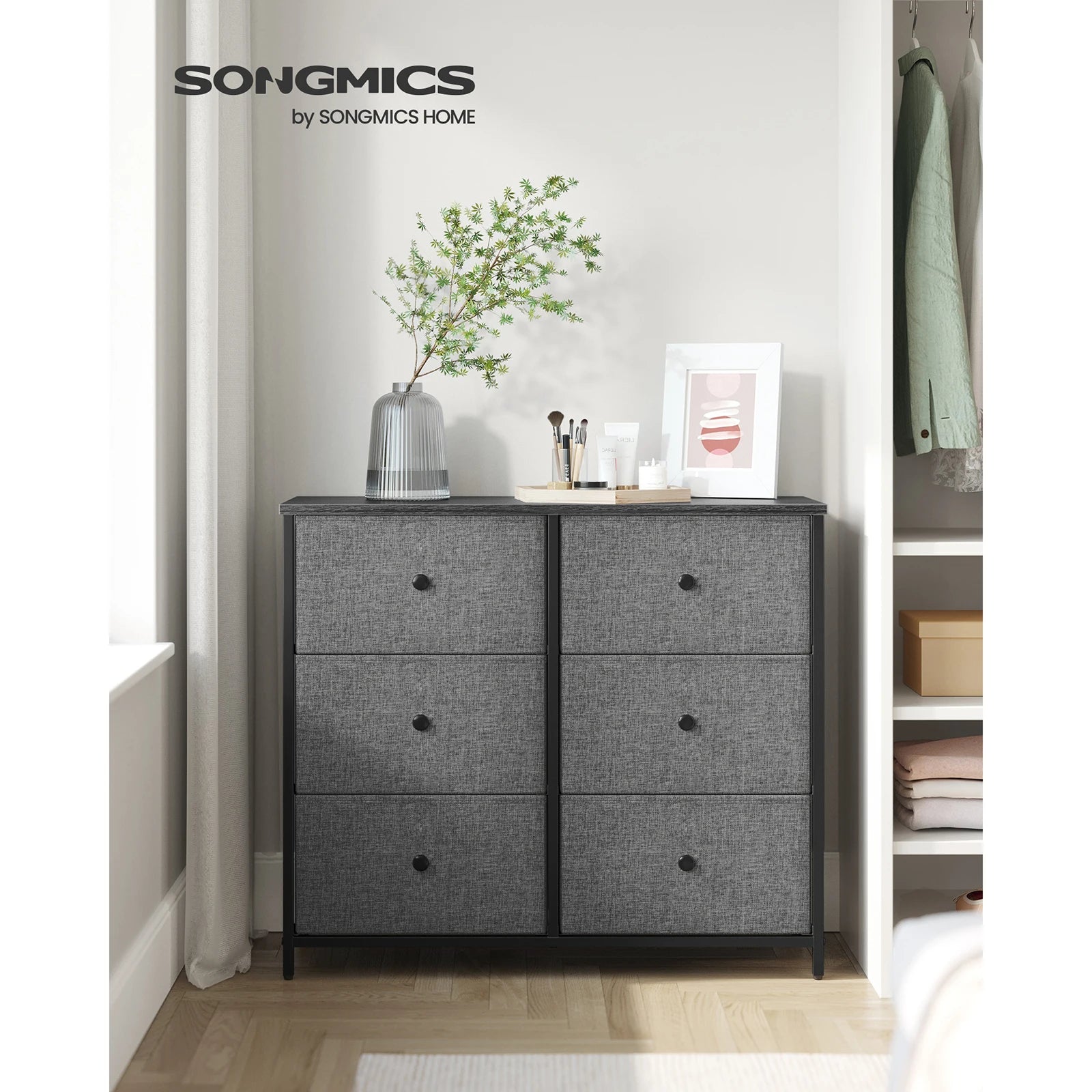 6 Drawer Fabric Chest of Drawers 80x30x71cm Metal Frame Wood Knobs Grey for Bedroom Nursery Hallway