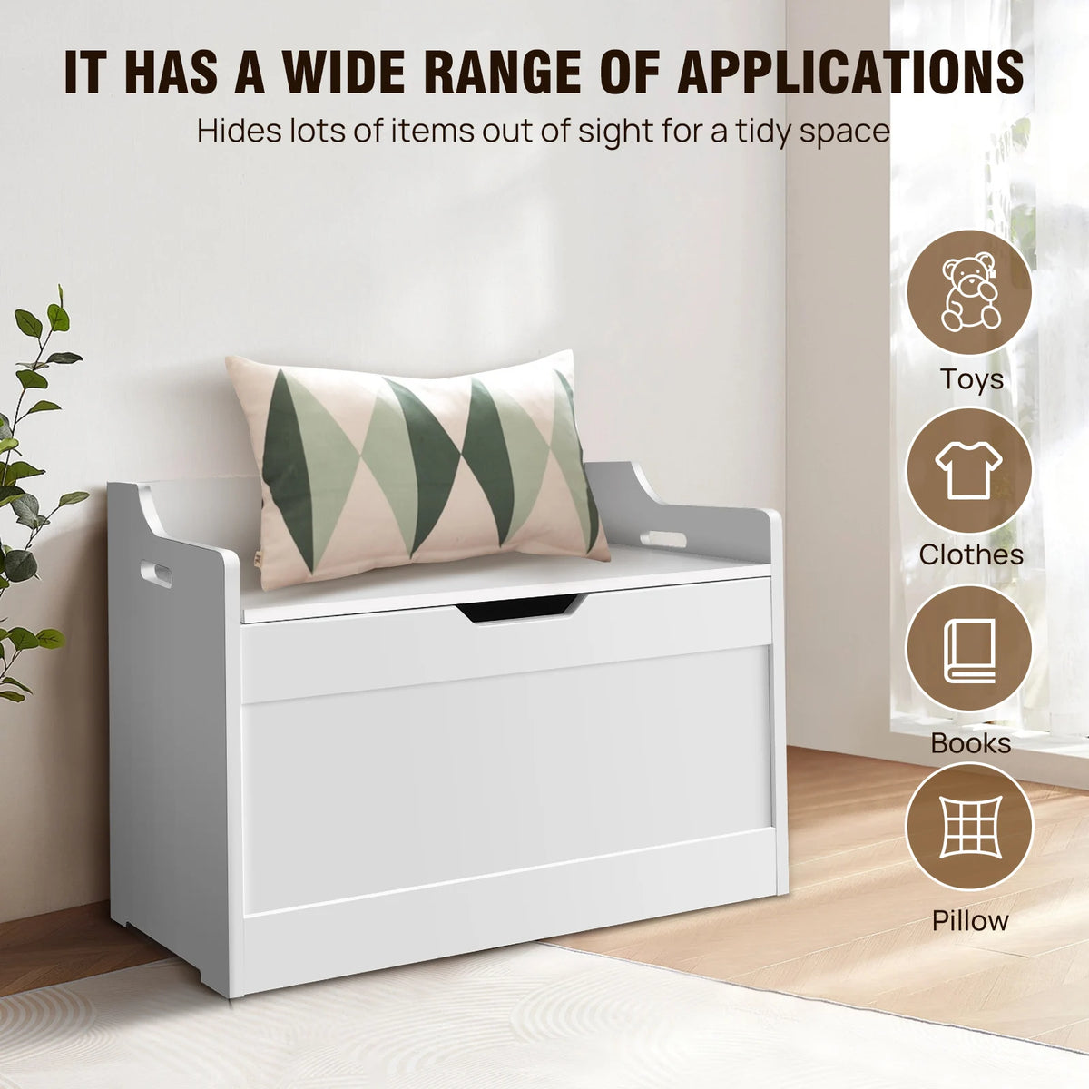 Wooden Storage Box and Bench 40x62.2x46cm 2 in 1 Toy and Blanket Chest MDF Safety Hinge U Shaped Cutout