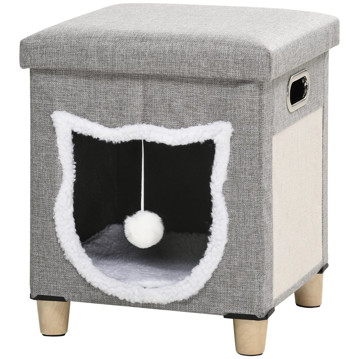 2 in 1 Cat Bed and Ottoman with Removable Washable Cushion Scratching Pad Hanging Ball and Handles