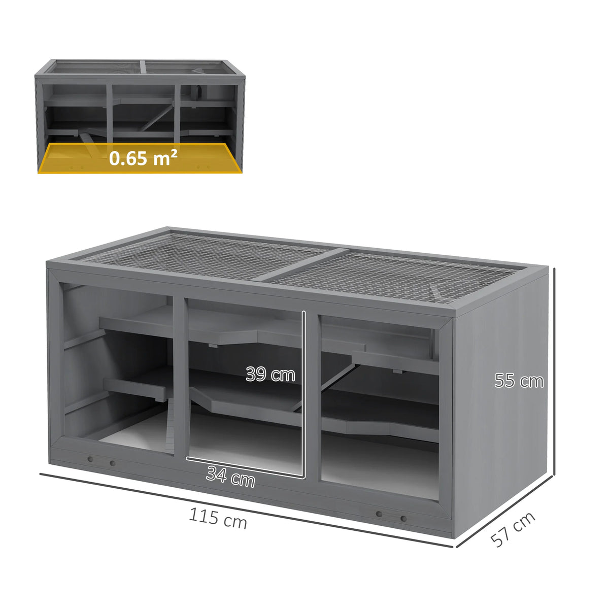 Wooden Two-Level Hamster Cage with Run and Pull-Out Tray, Grey