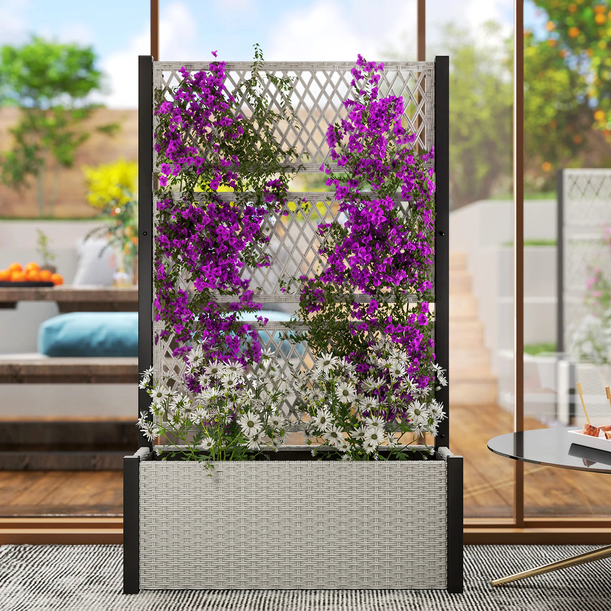 Raised Garden Planter Box with Trellis and Liner, Rattan Effect, 90 x 35 x 148cm