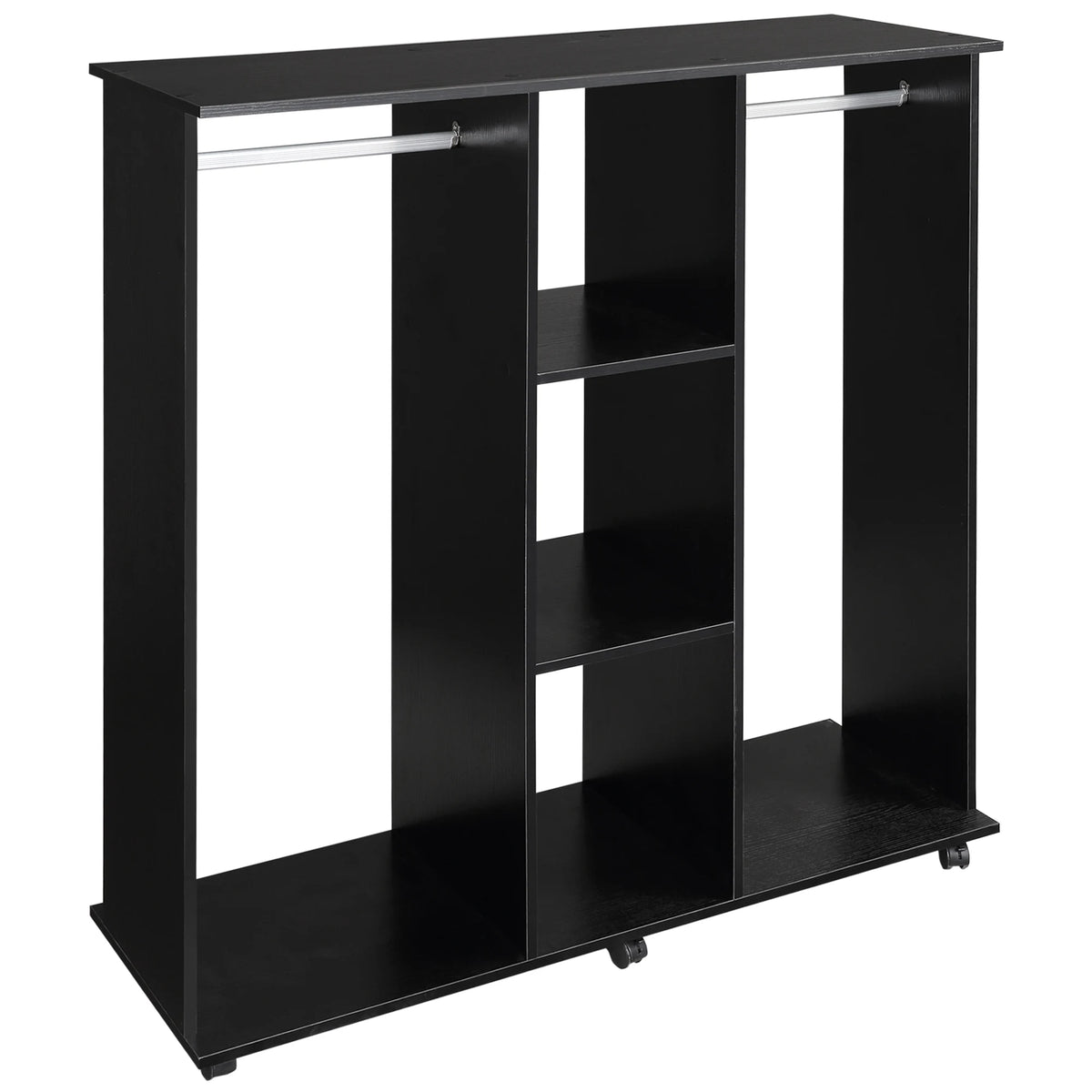 Mobile Open Wardrobe with Two Hanging Rails, Three Shelves and Wheels