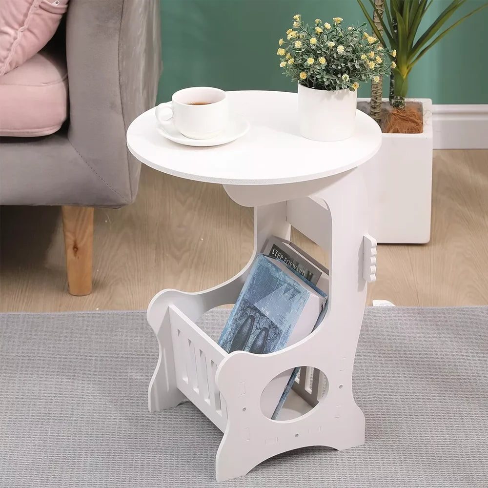 Mini Round Bedside Table 2-Tier White | Lightweight Wooden Side Table for Bedroom Living Room
