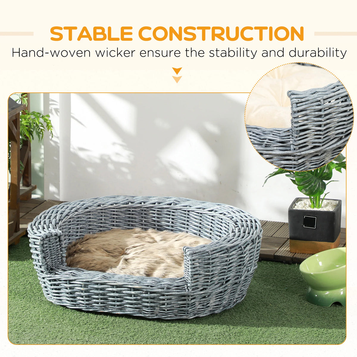 Elevated Wicker Pet Bed 57x46x17.5cm Willow Rattan Basket Sofa with Washable Plush Cushion Grey