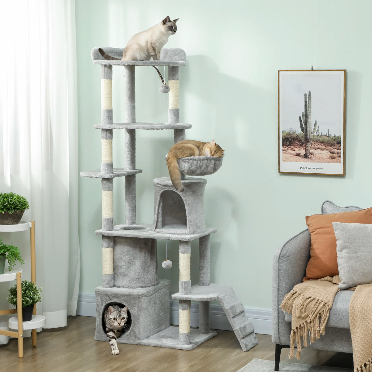 PawHut 170cm Large Cat Tree Tower 7 Scratching Posts Condos Hammock Tunnel Light Grey