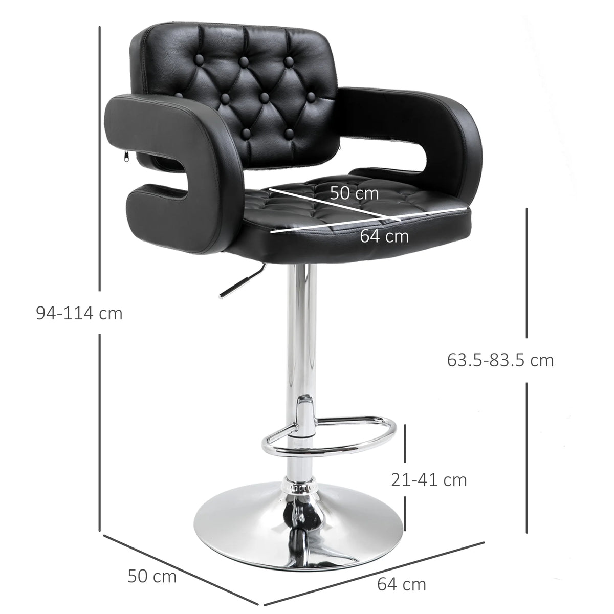 Adjustable Height Barstool, Steel Pole PU Leather, Black