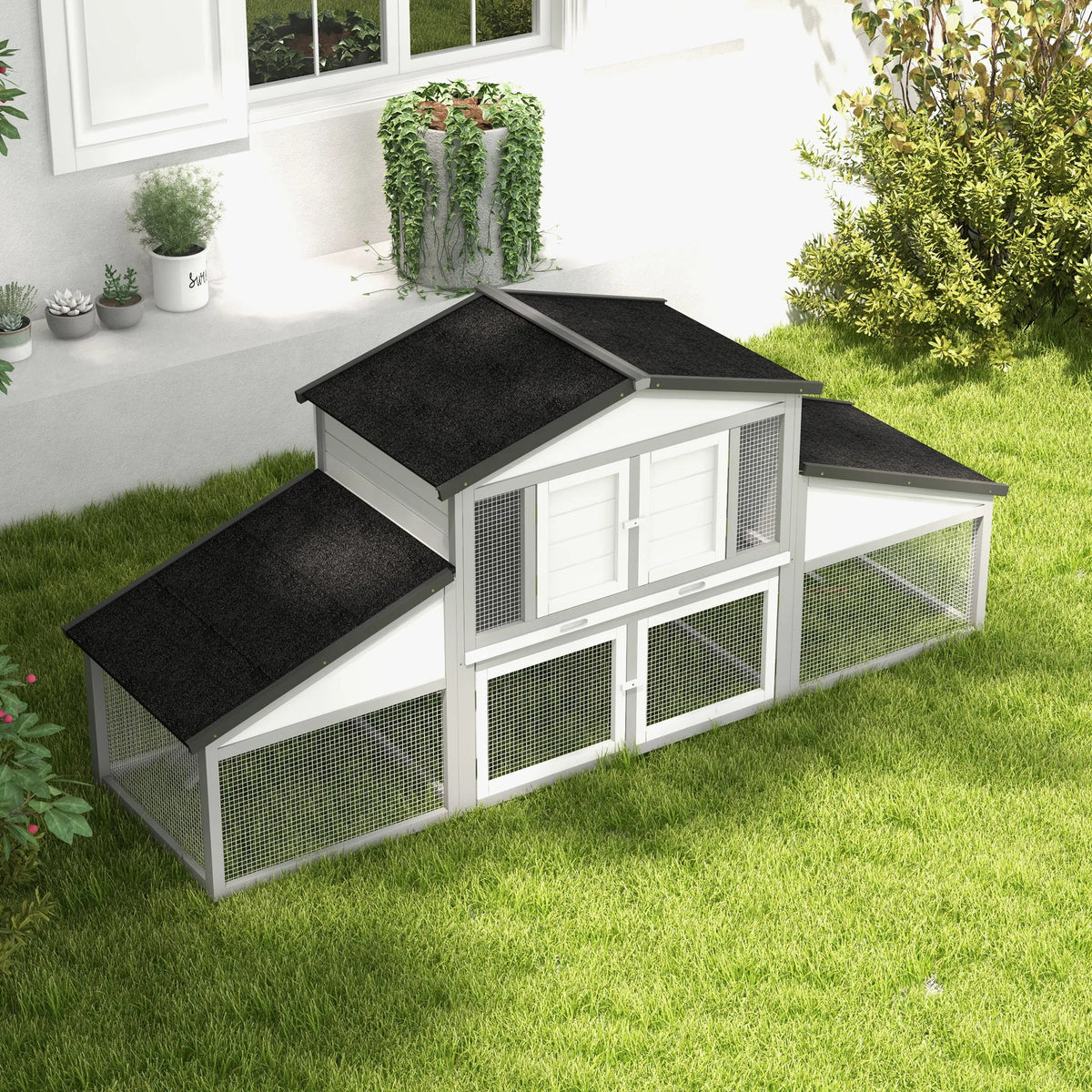 Large Rabbit Hutch with Run 2 Tier Elevated House Steel Wire Run Ramp Lockable Doors and Slide Out Tray Grey