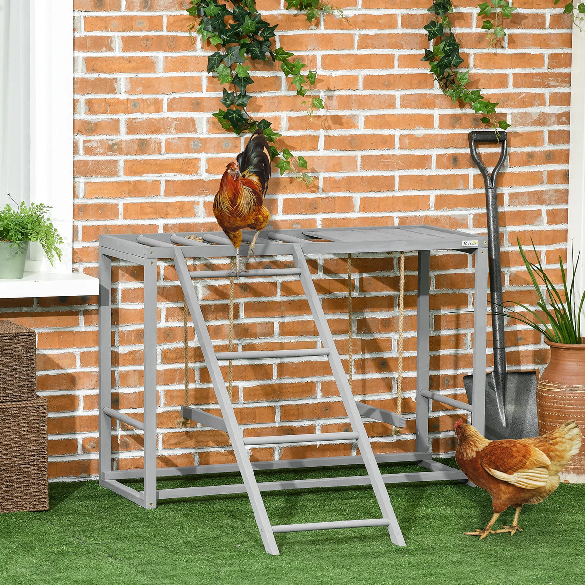 Chicken Activity Play Frame with 2 Swings Ladder and Perches Fir Wood Anti Tip for 3-4 Chickens Grey