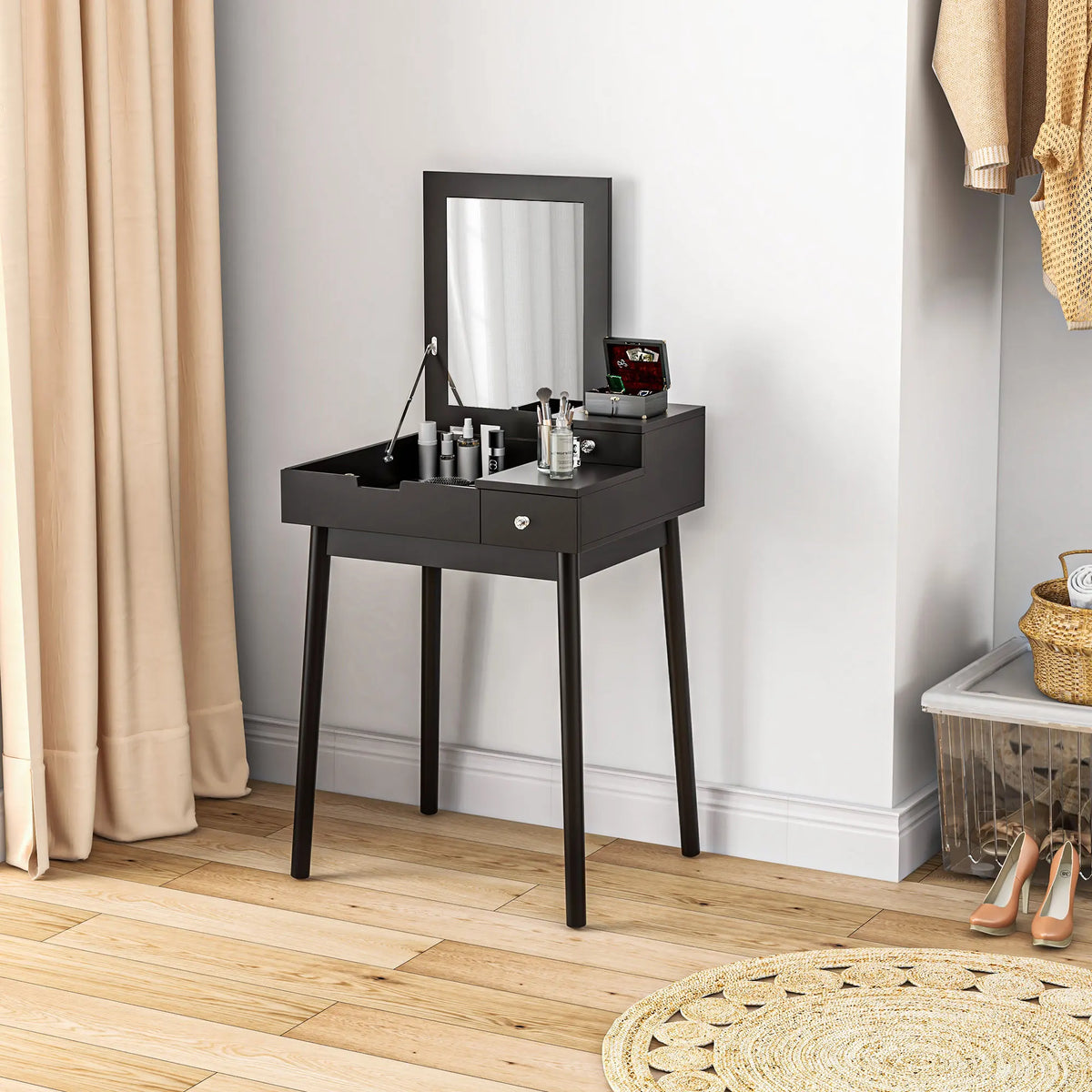 Dressing Table Vanity Desk, Flip-up Mirror, 2 Drawers, Black