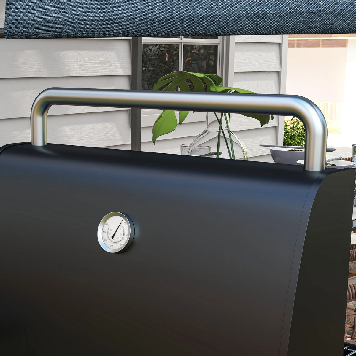 Charcoal BBQ Grill Trolley with Lid Thermometer Adjustable Vents Chimney Side and Bottom Shelves 600C Steel