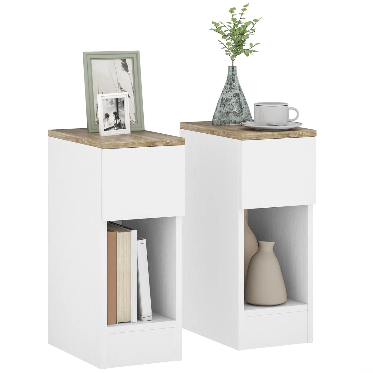 Set of 2 Bedside Tables 42.5cm Slim Nightstands with Drawer Bottom Shelf and Wood Effect Tops White