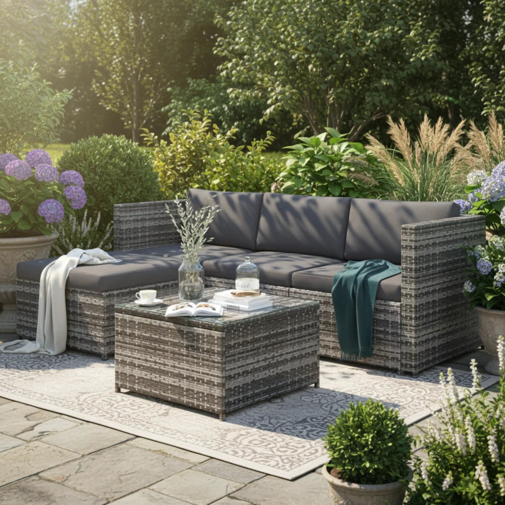 3-Piece Rattan Garden Corner Sofa Set with Glass-Top Coffee Table, Grey