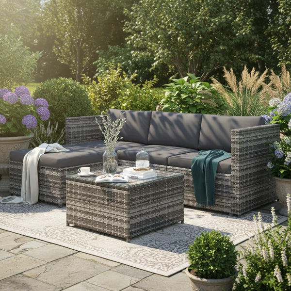 3-Piece Rattan Garden Corner Sofa Set with Glass-Top Coffee Table, Grey