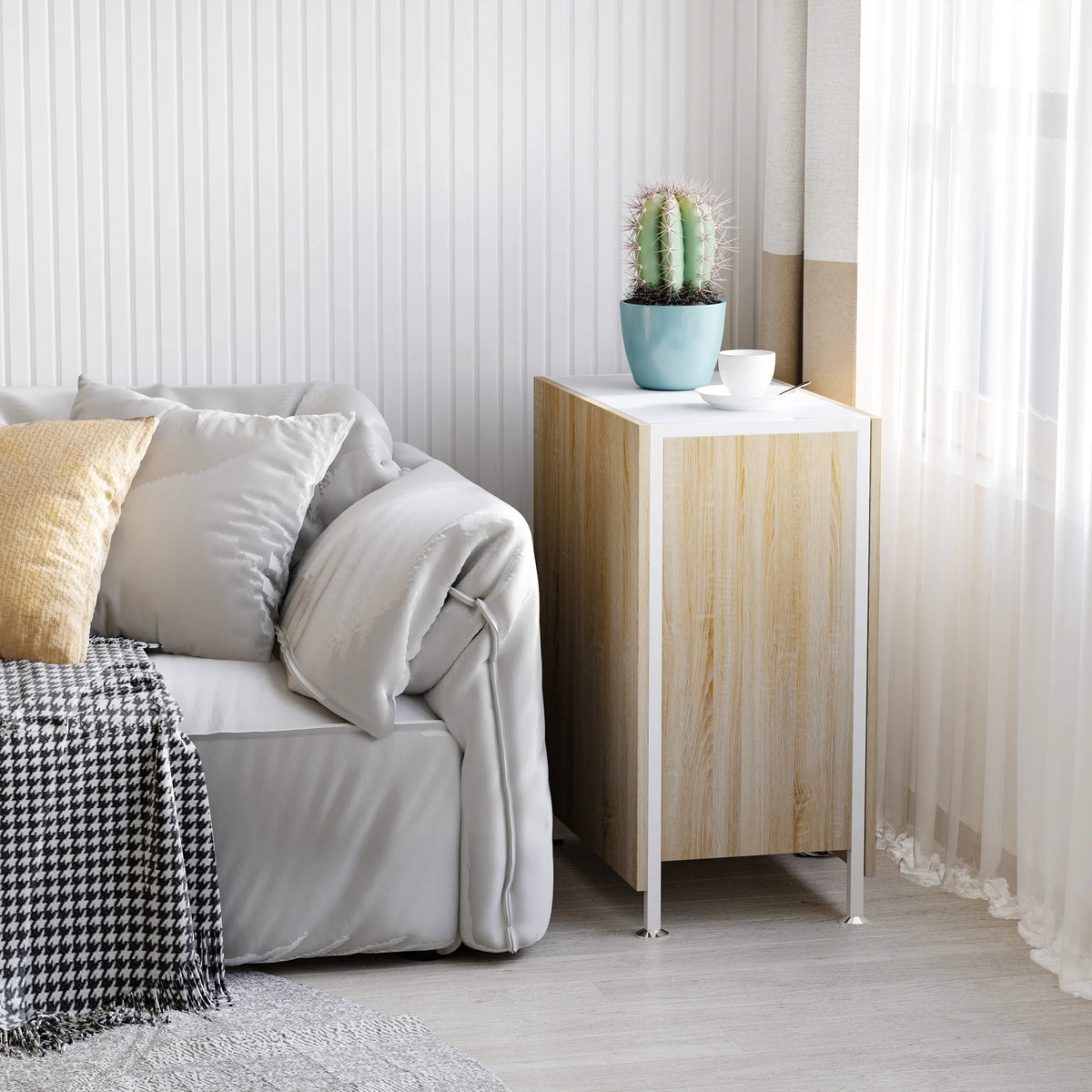 Folding Table with Storage Shelves, Oak and White