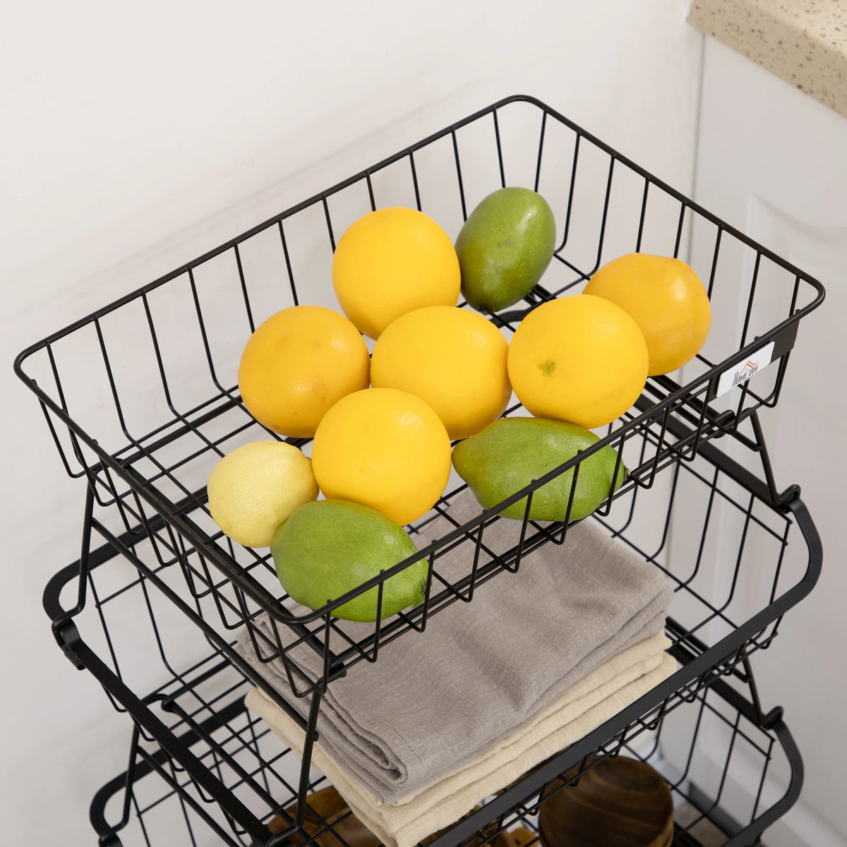 5-Tier Stackable Wire Storage Basket Trolley with Wheels, Black