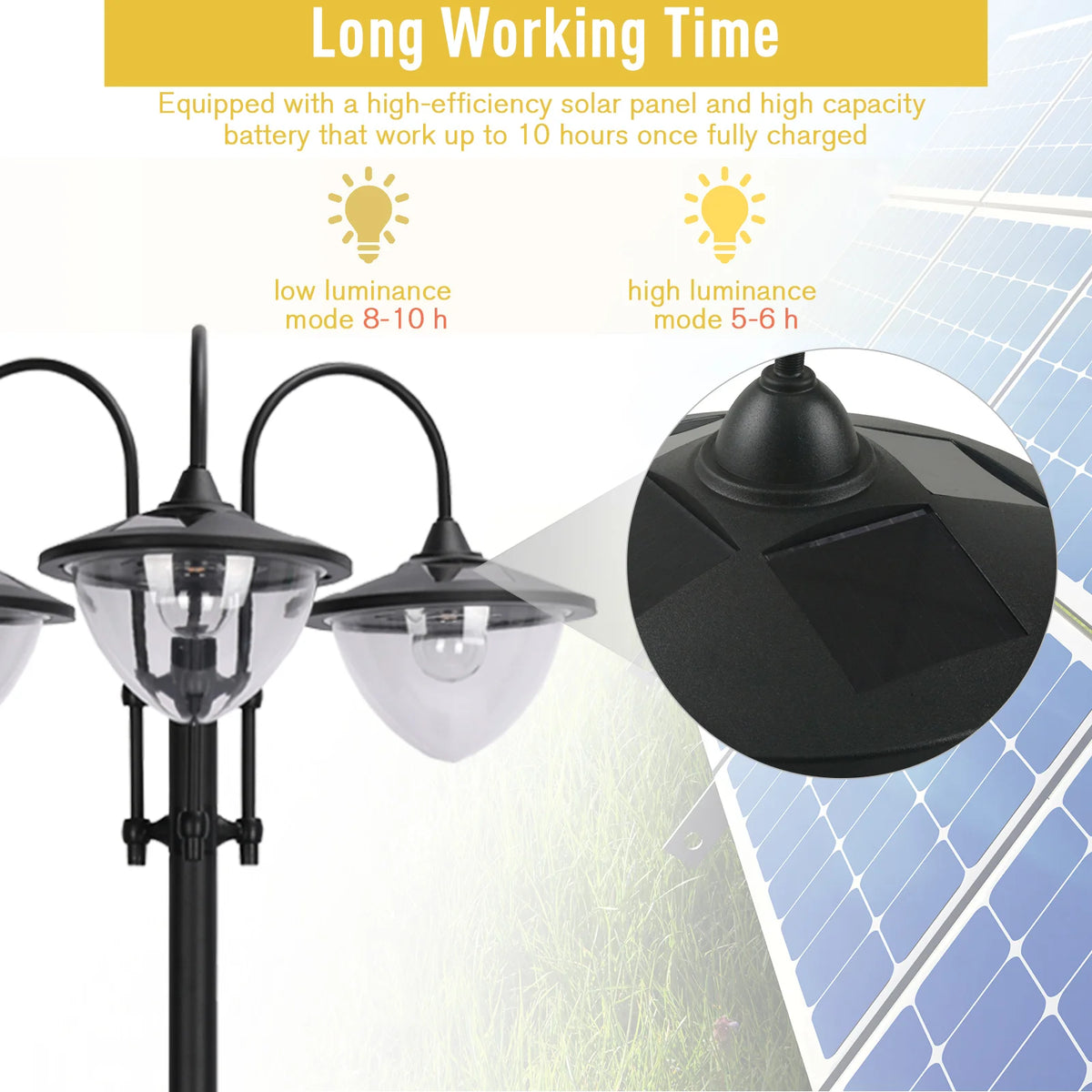 189cm 3-Head Solar Lamp Post with Planter, Dusk to Dawn
