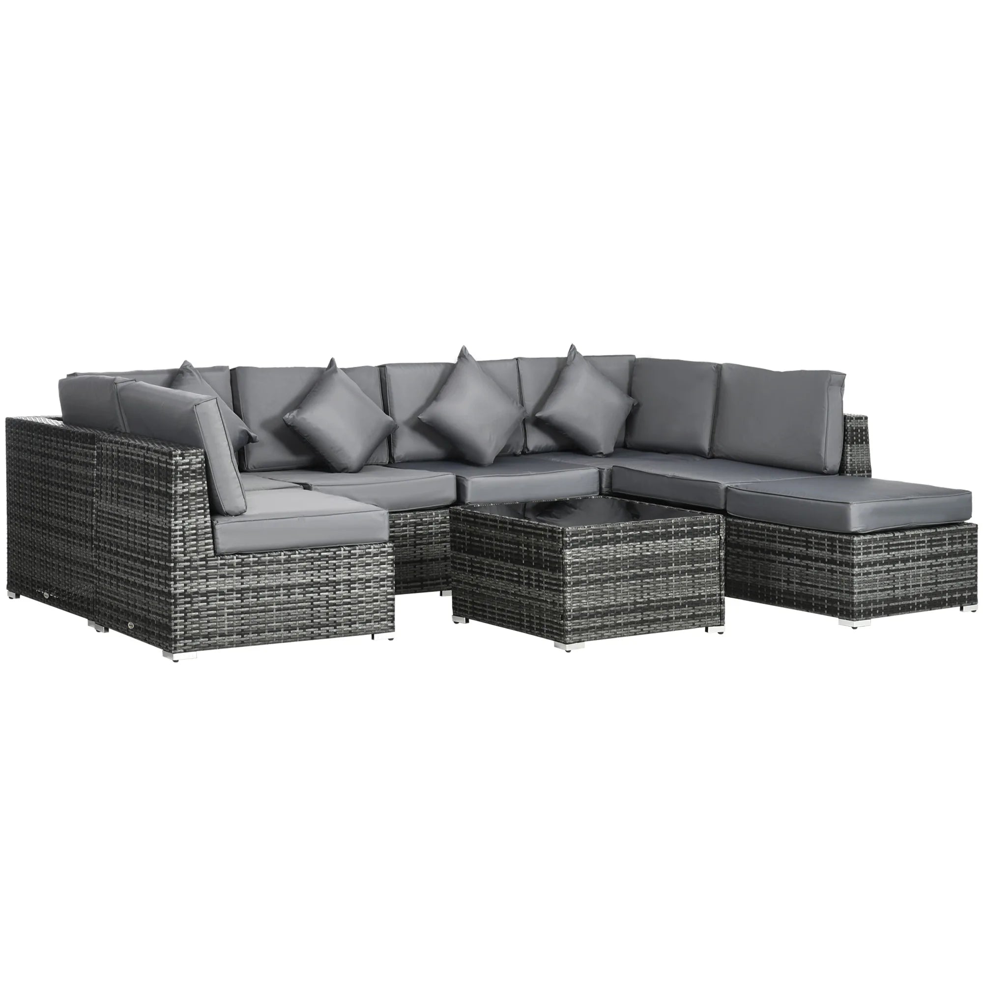 8-Piece Aluminium Rattan Corner Sofa Set with Glass Top Coffee Table, Cushions and Footstool