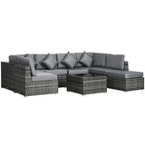 8-Piece Aluminium Rattan Corner Sofa Set with Glass Top Coffee Table, Cushions and Footstool
