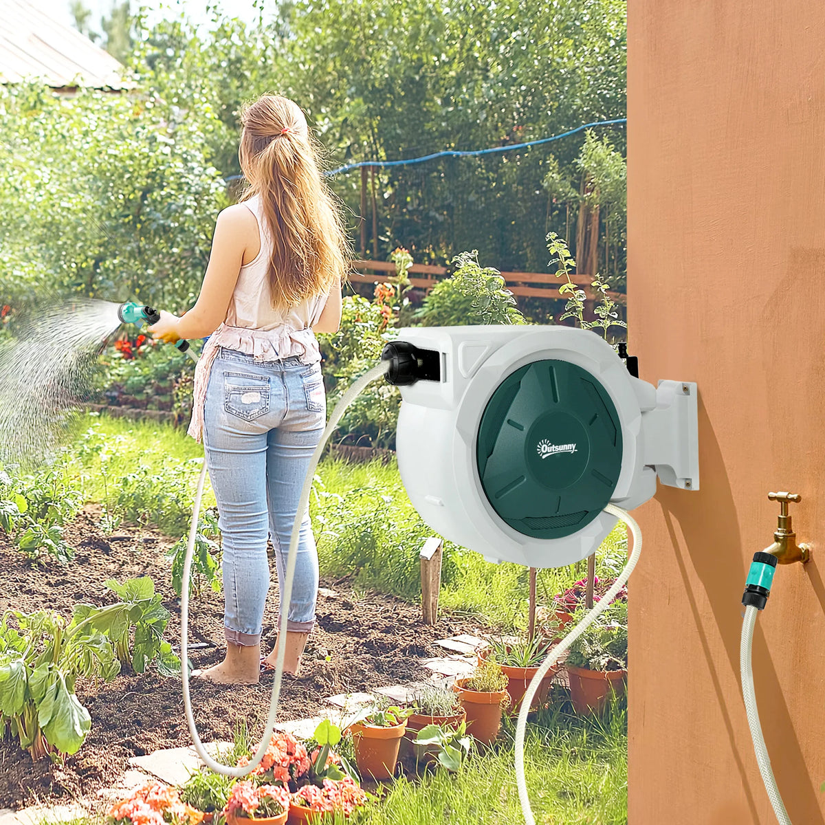 Retractable Hose Reel, Wall Mounted with Lock, Auto Rewind, Light Grey