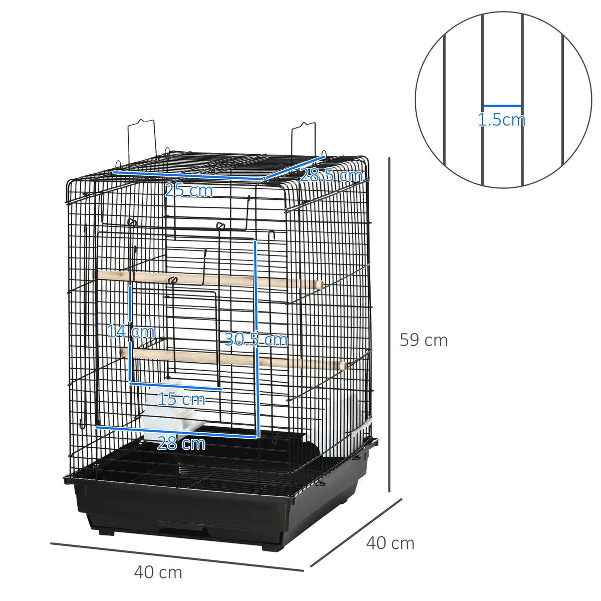 59cm Bird Cage with Openable Top, Stand, Tray, Handles and Feeding Bowls