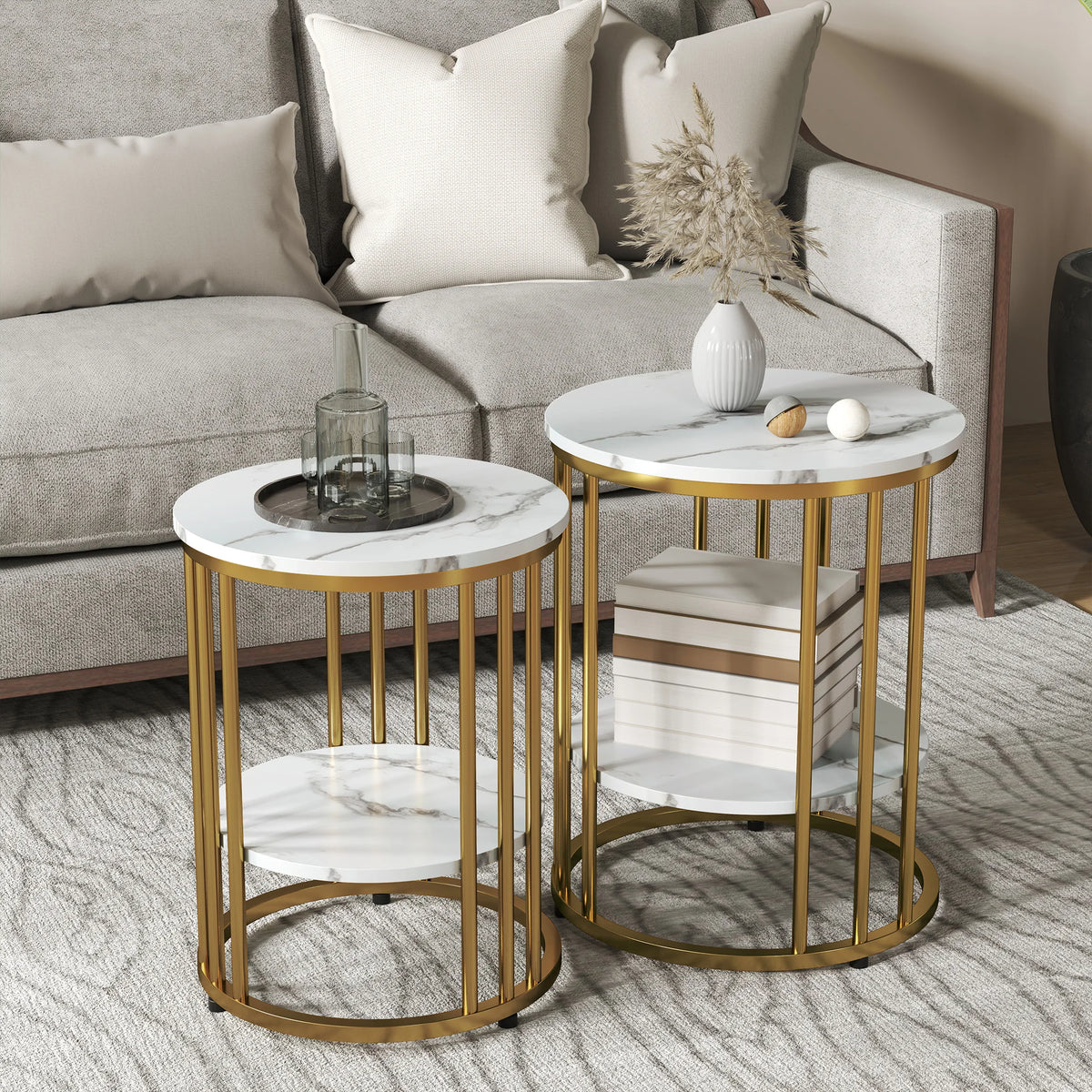 Marble-Effect Round Coffee Tables Set of 2 with Shelf, Gold Tone and White