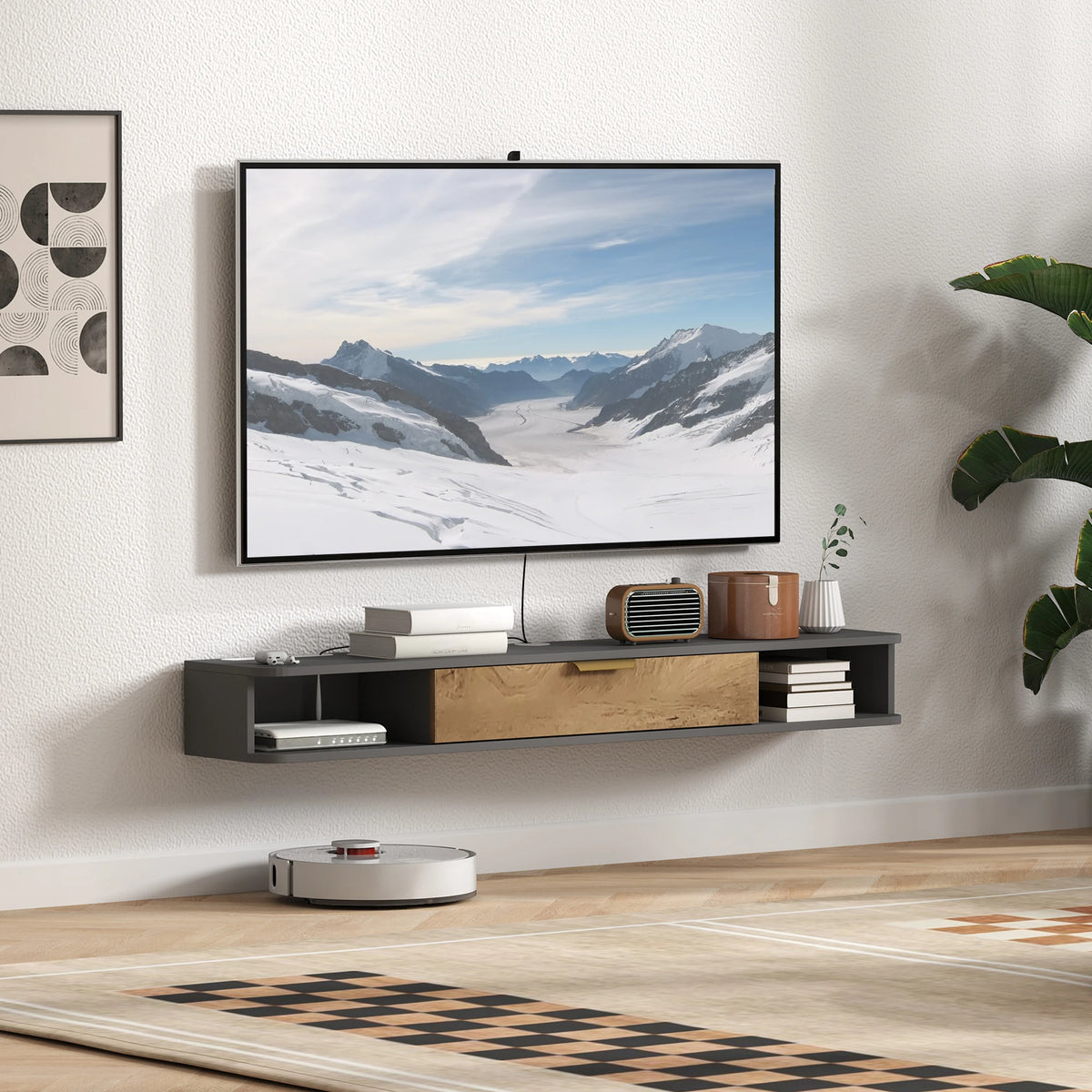 140cm Floating TV Unit with Storage, Wall-Mounted Media Console, Grey