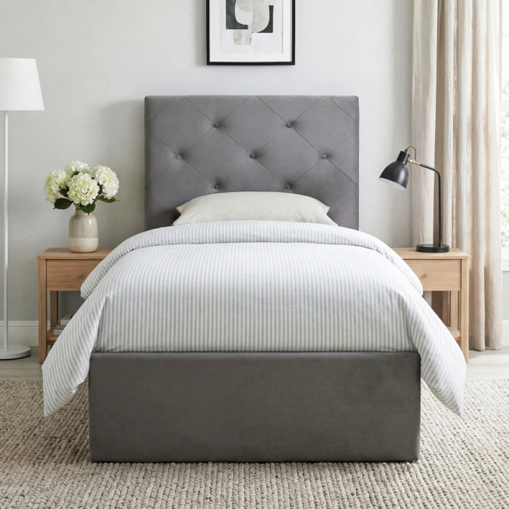 90 x 190cm Single Gas Lift Storage Bed Frame, Dark Grey Velvet Button-Tufted Headboard, BS5852 Fire-Retardant