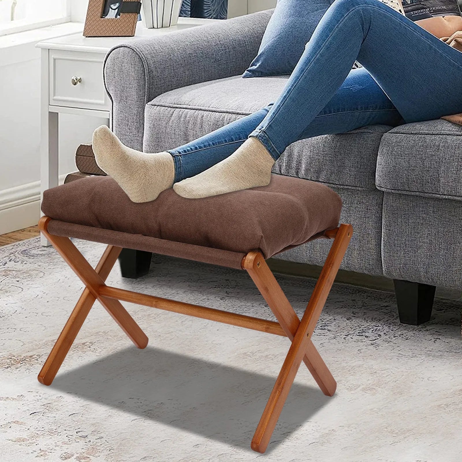 Folding Bamboo Footstool with Cushion | Brown Foot Rest for Sofa Bed Living Room Bedroom