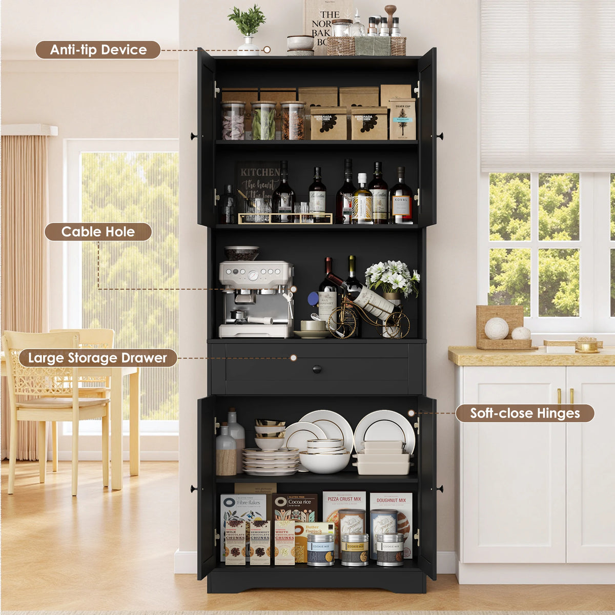 180cm Tall Kitchen Cupboard with Large Countertop and 4 Doors | White or Black Pantry Cabinet with Drawer and Adjustable Shelves