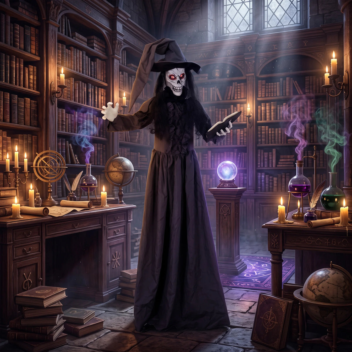 180cm Halloween witch shown beside a doorway for scale