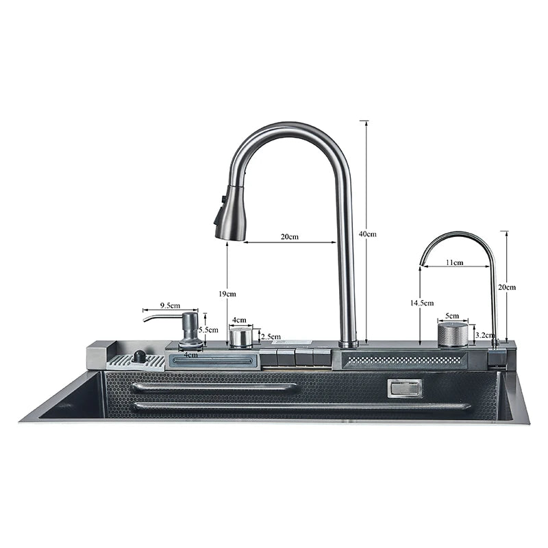 304 Stainless Steel Waterfall Kitchen Sink with Digital Display Faucet Set – Single Bowl with Soap Dispenser & Cup Washer