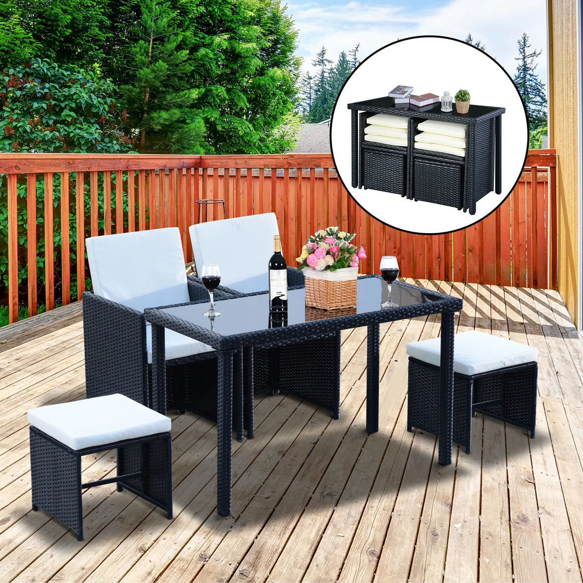2 Seater Rattan Cube Garden Furniture Set, Rattan Set with Cushions, Outdoor Table and Chairs with 2 Armchairs