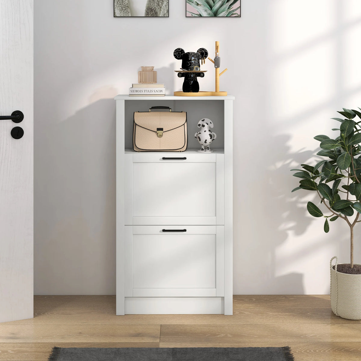 Modern Shoe Cabinet with 2 Flip Drawers and Adjustable Shelves, White
