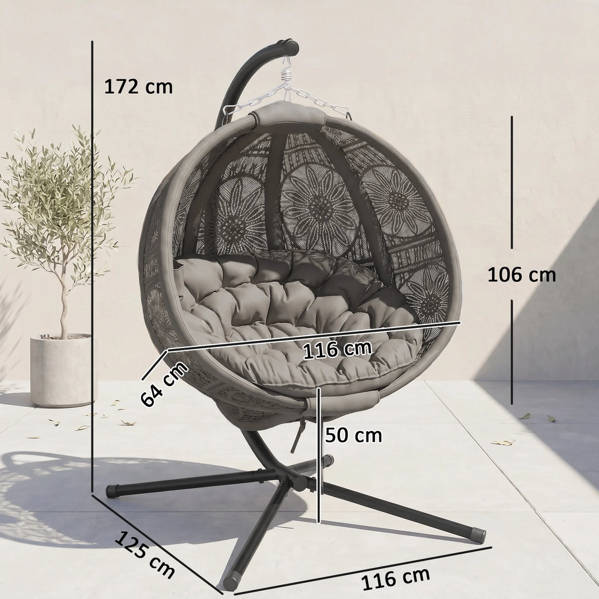 Cushioned Hanging Swing Chair with Metal Stand and Side Pocket