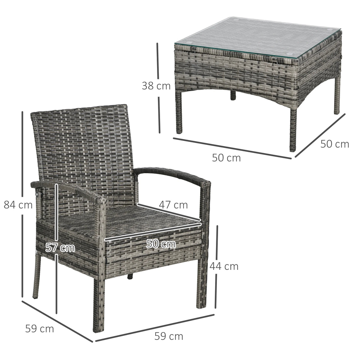 Rattan Bistro Set, 3-Piece Wicker Garden Furniture Set with Cushions, Grey