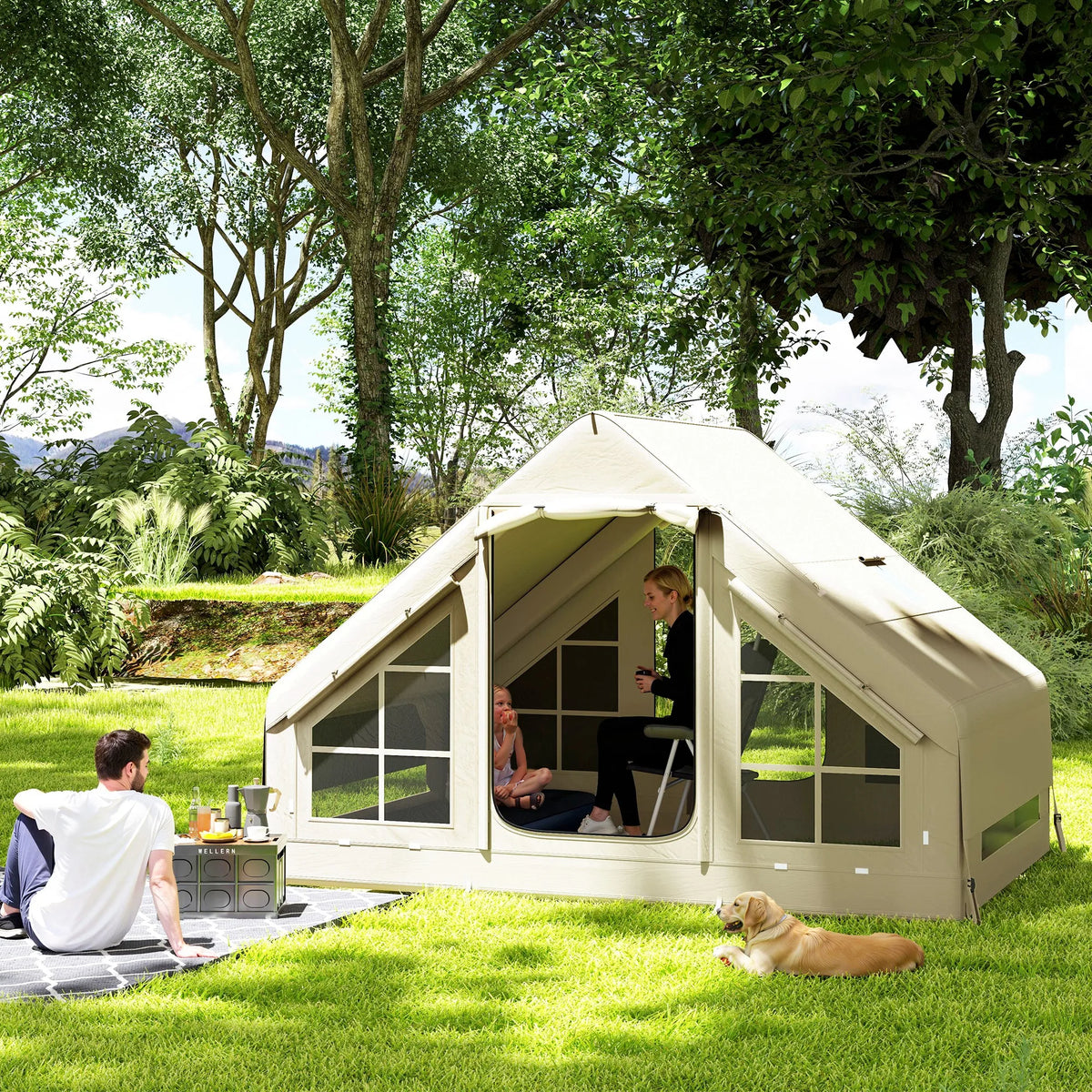 Inflatable Camping Tent 2-4 Person with Air Pump Sets Up in 2 Minutes 420D Oxford 2000mm Waterproof