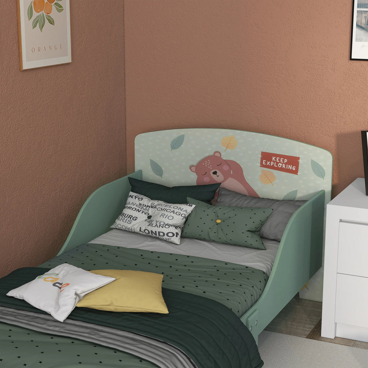 Toddler Bed Frame with Animal Design and Side Rails, 143 x 77cm, Green