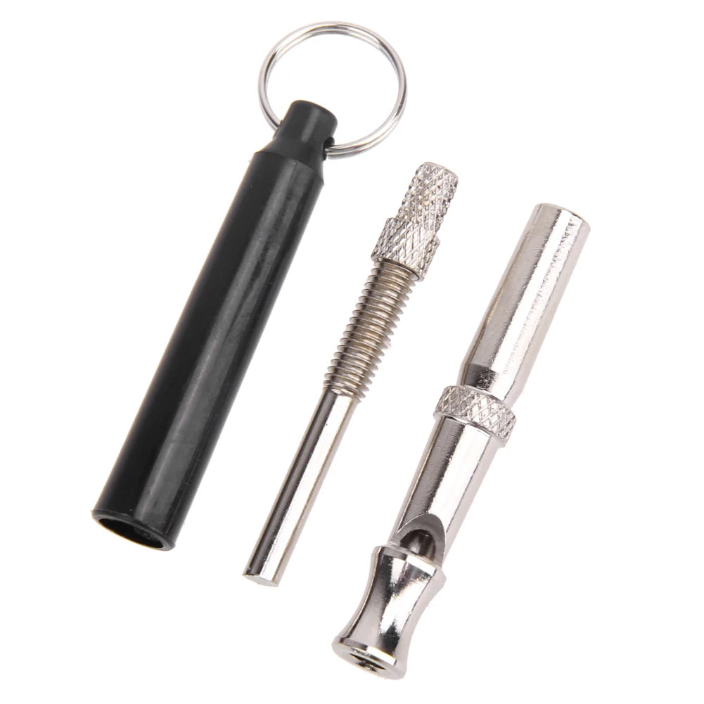 Ultrasonic Dog Training Whistle Copper Adjustable Silent Whistle with Keyring 9cm Silver and Black