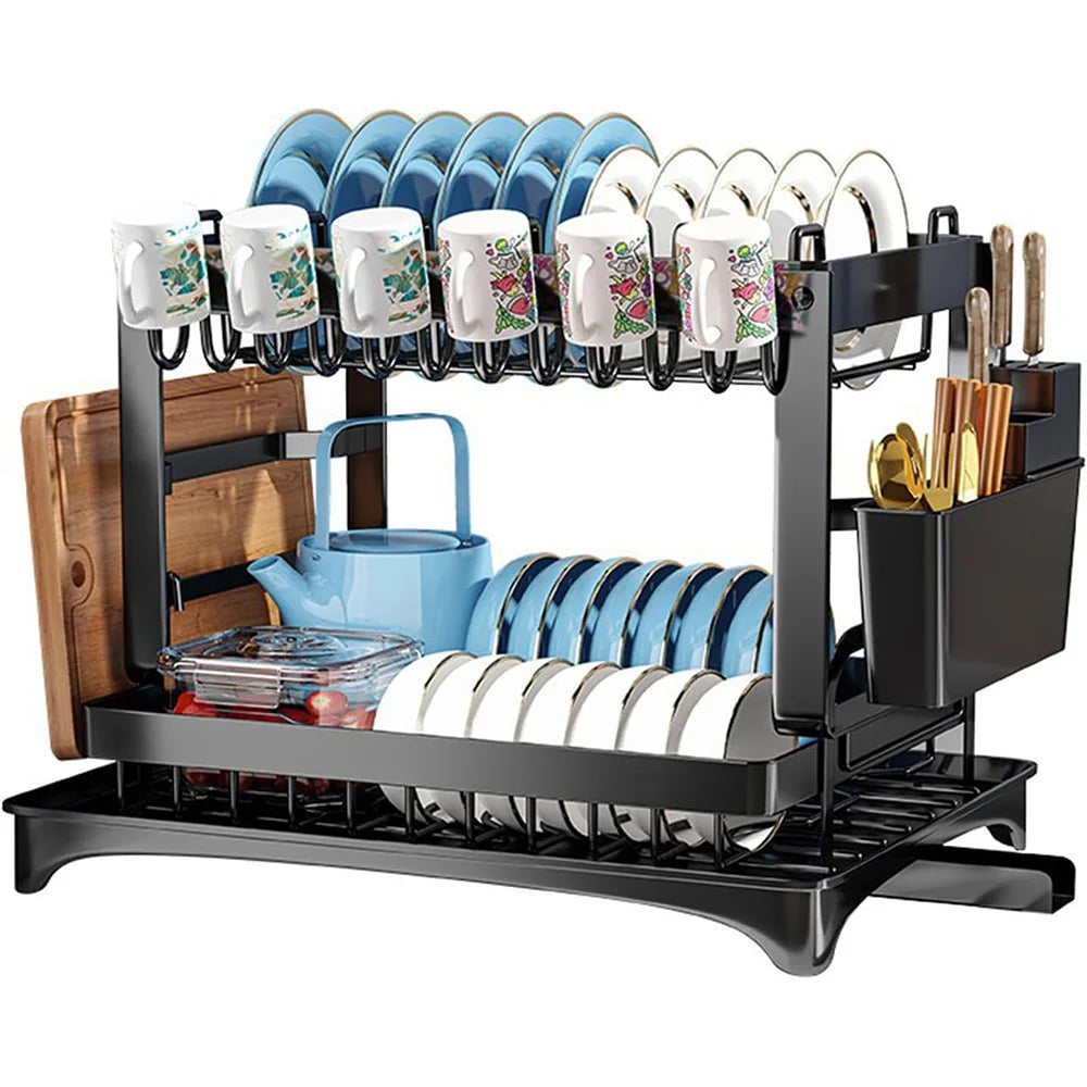 Adjustable 2-Tier Dish Drainer Rack with Cup Holders | Anti-Rust Kitchen Sink Draining Rack for Plates Bowls Cutlery