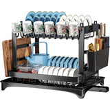 Adjustable 2-Tier Dish Drainer Rack with Cup Holders | Anti-Rust Kitchen Sink Draining Rack for Plates Bowls Cutlery