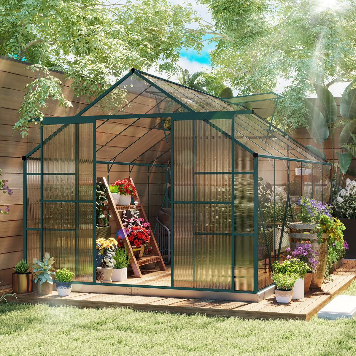 12ft x 8ft Walk-in Polycarbonate Greenhouse with Double Sliding Door