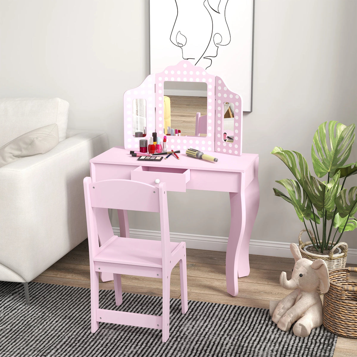 Kids Dressing Table and Stool Set with Tri-Fold Mirror and Drawer, Pink