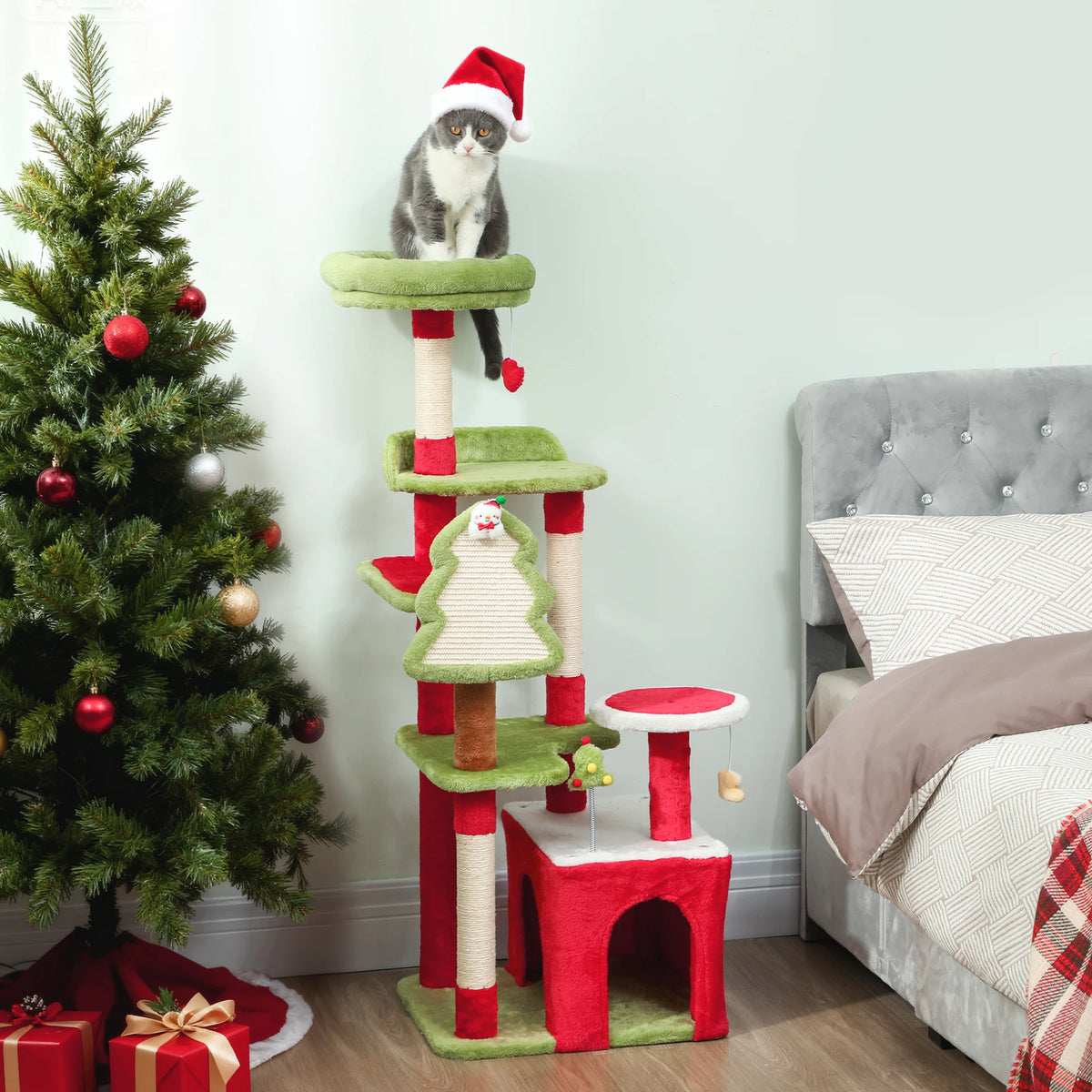 Christmas Cat Tree 120cm Festive Cat Tower with 3 Sisal Scratching Posts Condo Perch and Hanging Toys
