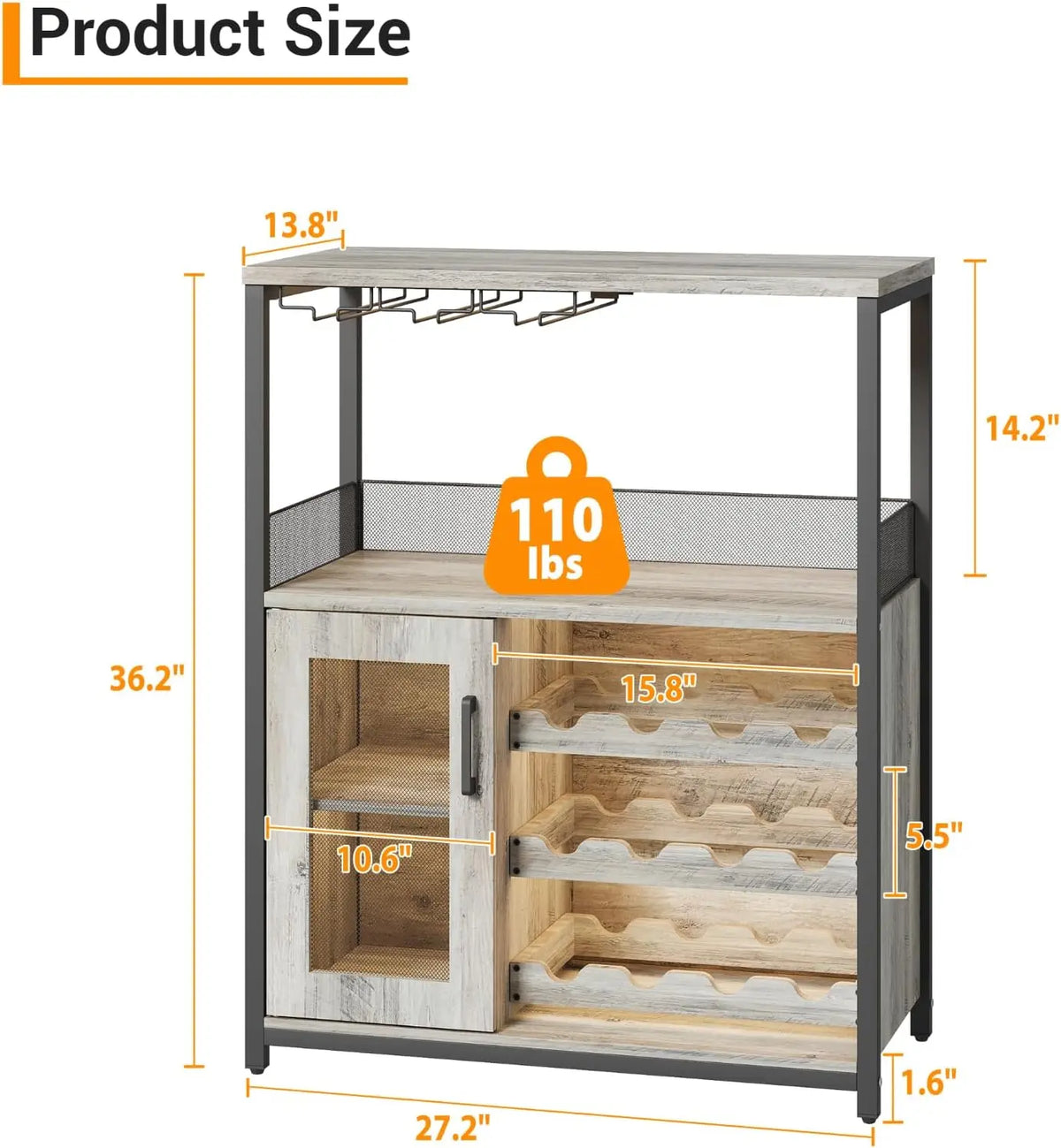 Bar Cabinet with Detachable Wine Rack and Glass Holder | 36 Inch Mesh Door Coffee Bar Cabinet with Adjustable Shelves