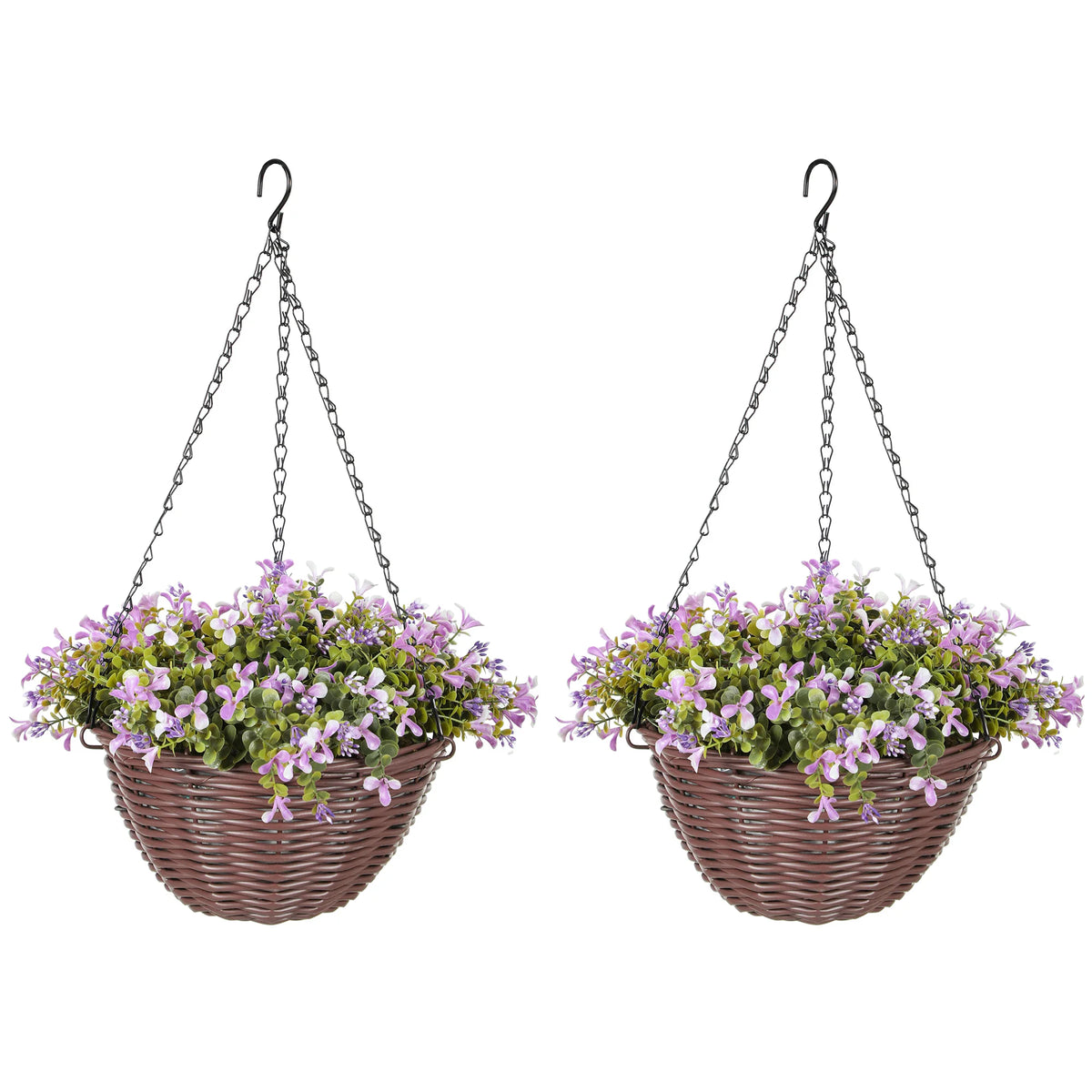 Set of 2 Artificial Flowers in Hanging Baskets with 75 Leaves and 150 PE Flowers Cement Soil Purple