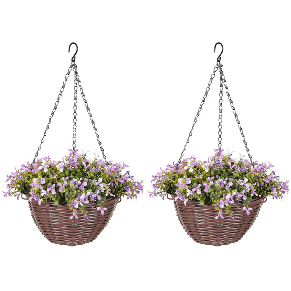 Set of 2 Artificial Flowers in Hanging Baskets with 75 Leaves and 150 PE Flowers Cement Soil Purple