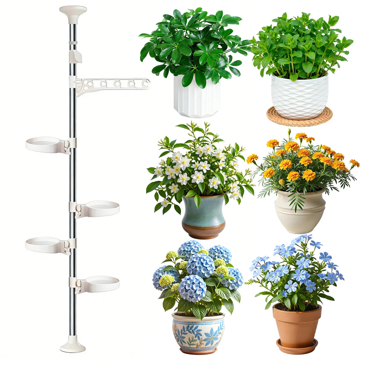 4 Layer Tension Rod Plant Stand Adjustable 175-290cm Floor to Ceiling for French Window Corner Home Decor