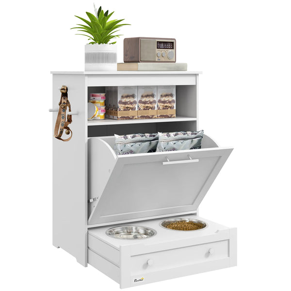 Pet Feeder Station with Storage Cabinet 61x82cm 2 Raised Bowls in Pull Out Drawer and 3 Side Hooks MDF