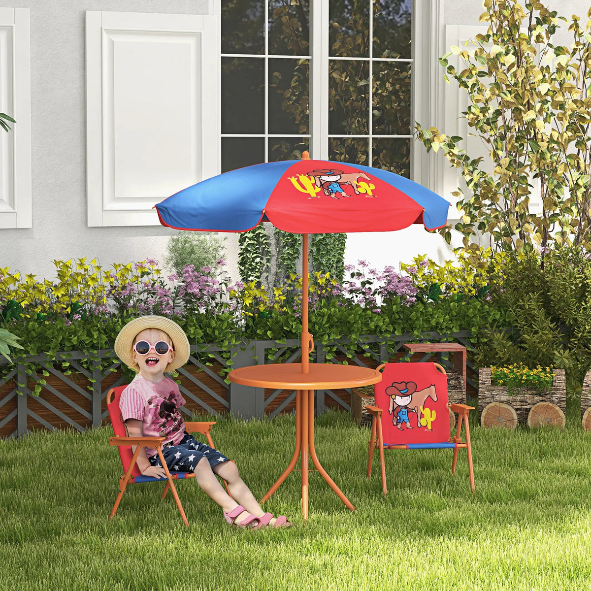 Kids Bistro Table and Chair Set Cowboy Theme with Adjustable Parasol 86-122cm and Folding Safety Lock Chairs